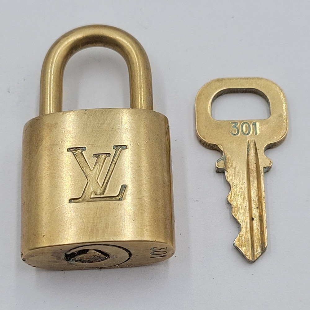 Louis Vuitton Padlock and Key Set Gold Brass Number 301 Made in France LV Logo